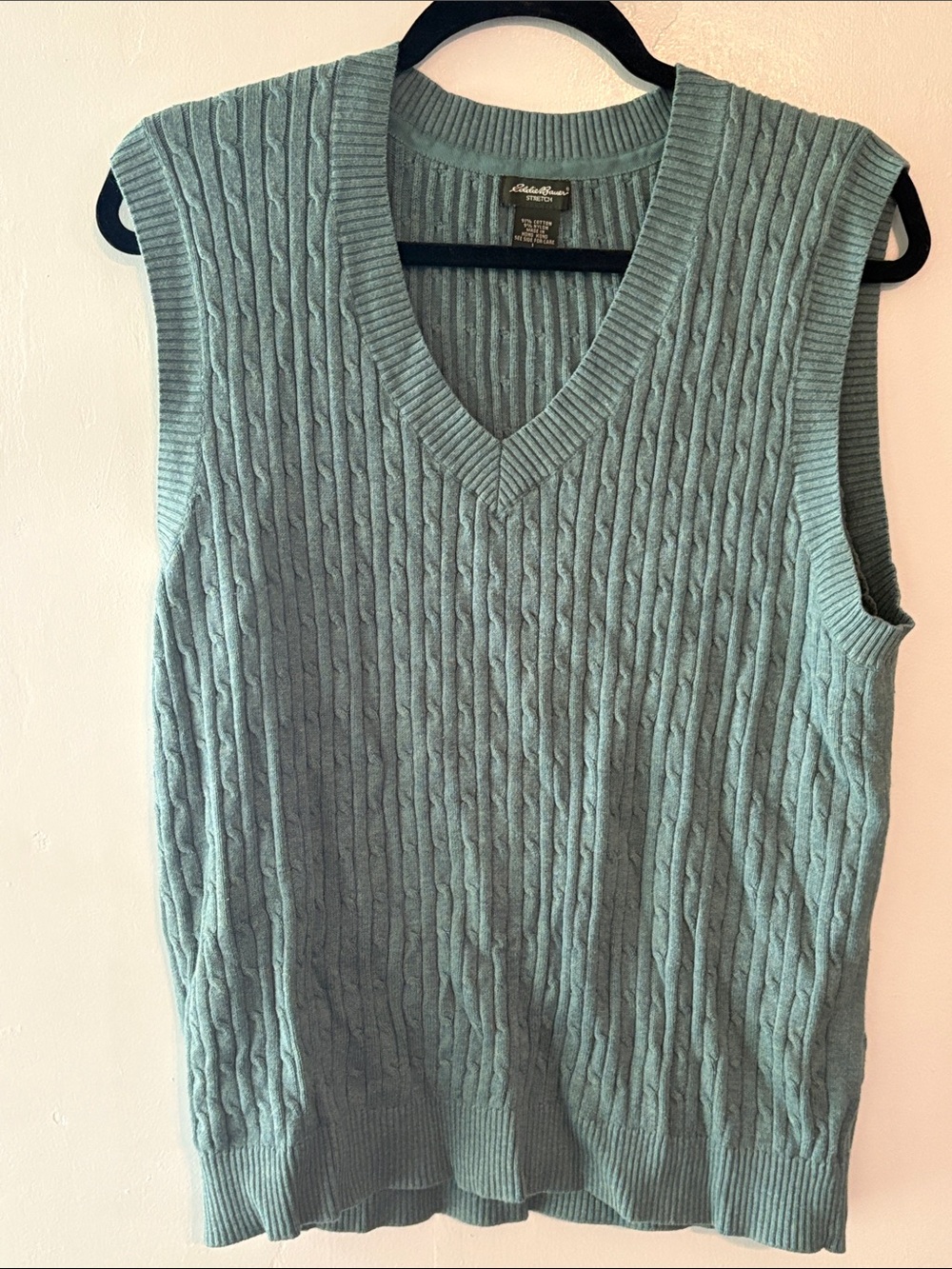 Cable-Knit V-Neck Sweater Vest - Light Teal Size Large